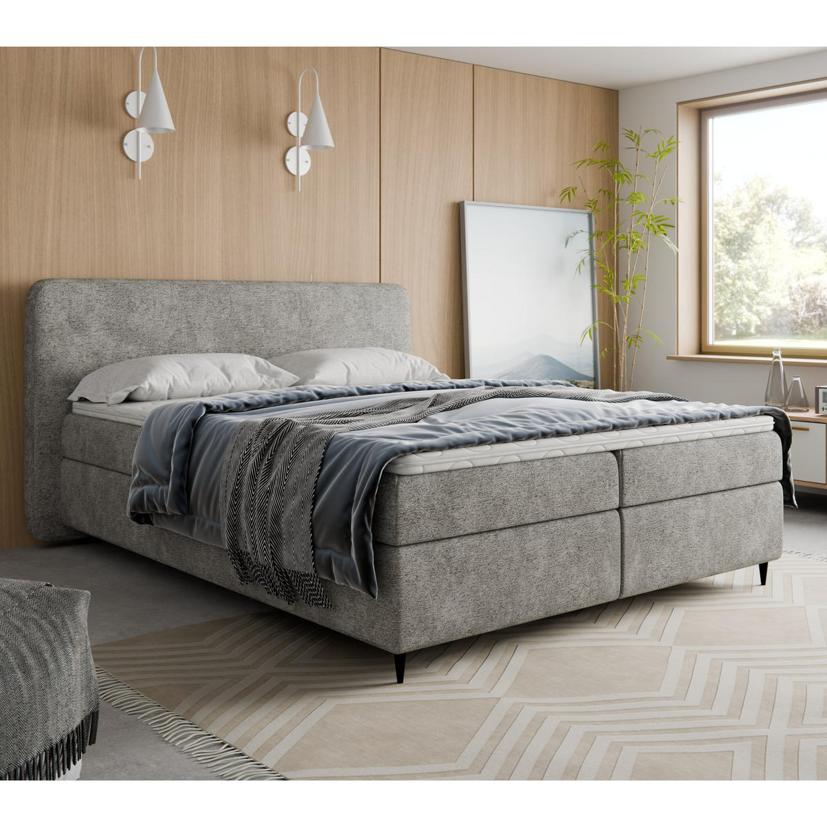 BOXSPRINGBETT BOHO II 160x200 cm, Grau Bouclé, inkl. Topper und Bettkasten - Dunkelgrau, Textil (160/200cm) - Excellent Home