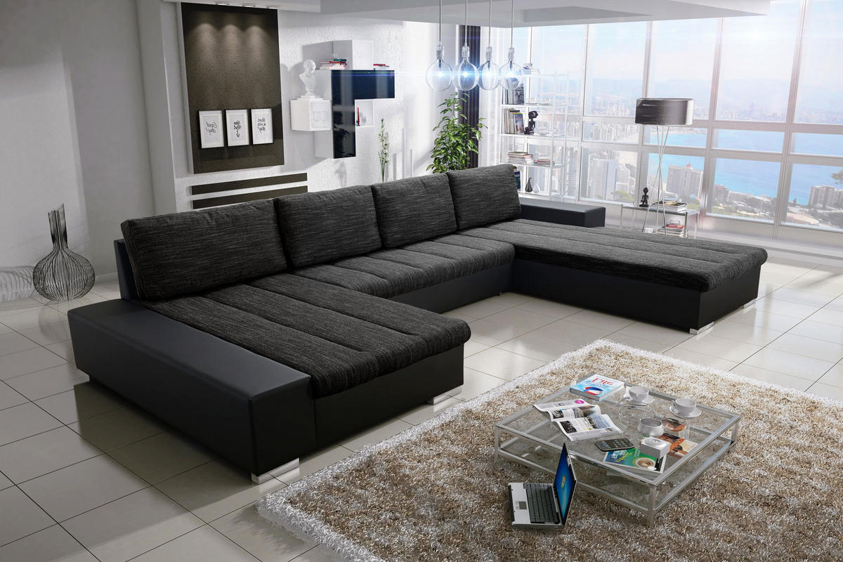 WOHNLANDSCHAFT VERONA U-Form mit Schlaffunktion, Bettkasten und Wellenfederung – Großzügiges Ecksofa 387 cm - Schwarz, Kunststoff (387/85/213cm) - Wohnideebilder