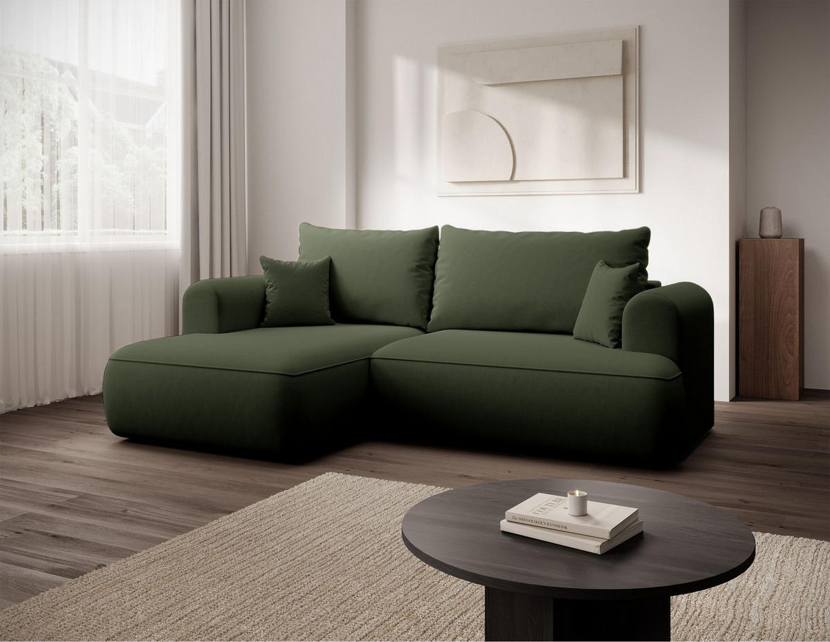 ECKSCHLAFSOFA Ovo Mini Olivgrün Easy-Clean-Samtbezug - Schwarz/Olivgrün, Kunststoff/Textil (238/156cm) - Selsey