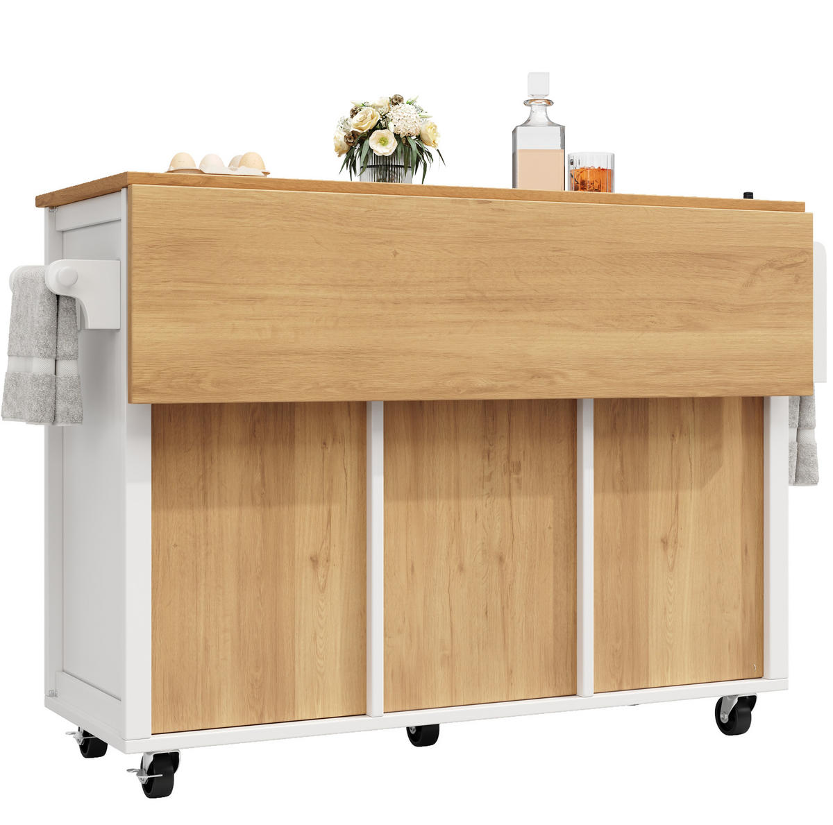 KÜCHENINSEL 137,9/73/92,5 cm mit Klapptisch, Rollen und 4 Schubladen, Weiß - Weiß, Holzwerkstoff (137.9/92.5/73cm) - Redom