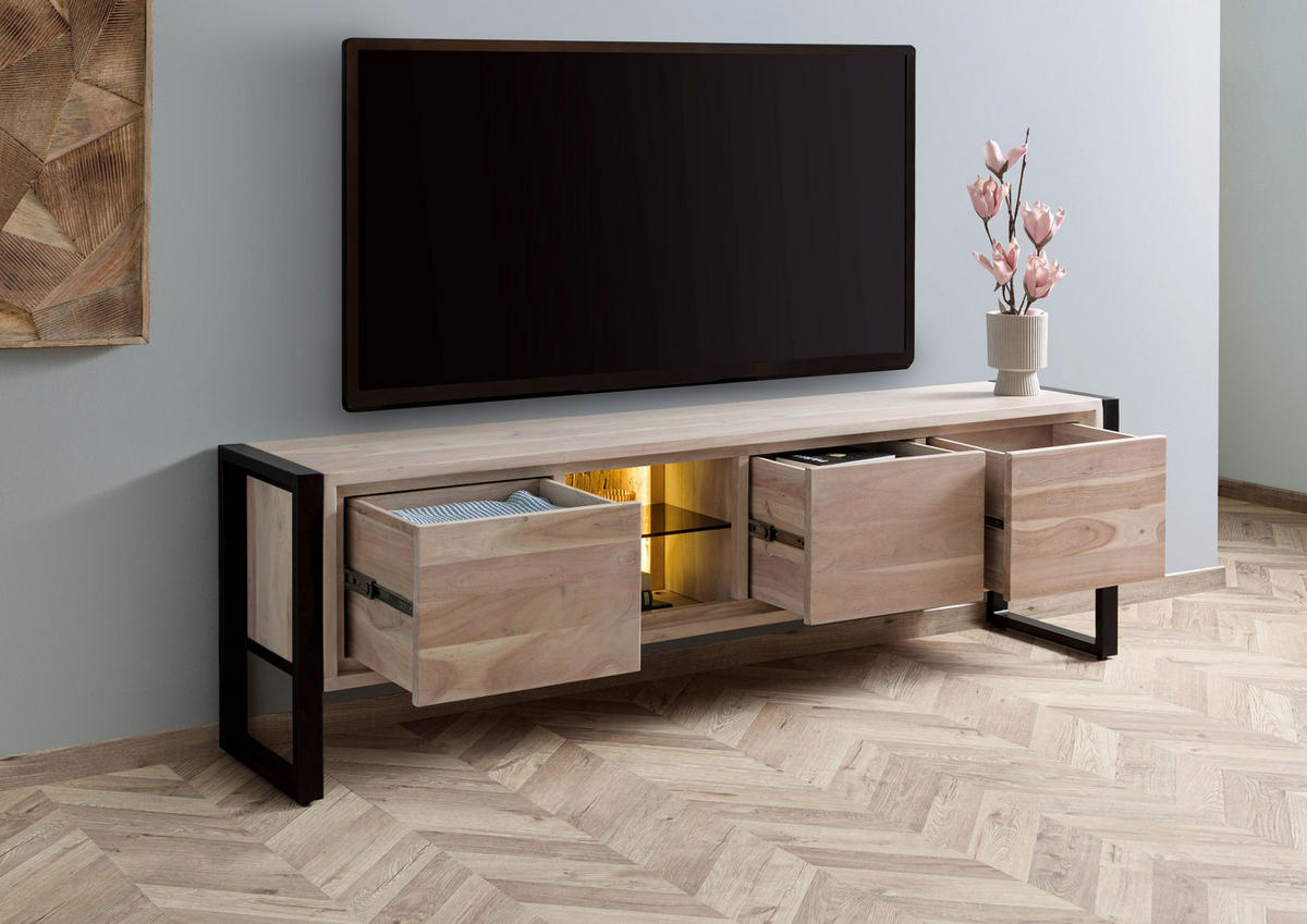 LOWBOARD Akazie / Altholz 200x40x60 natur lackiert DENVER #116 - Naturfarben, Holz (200/60/40cm) - Massivmoebel24