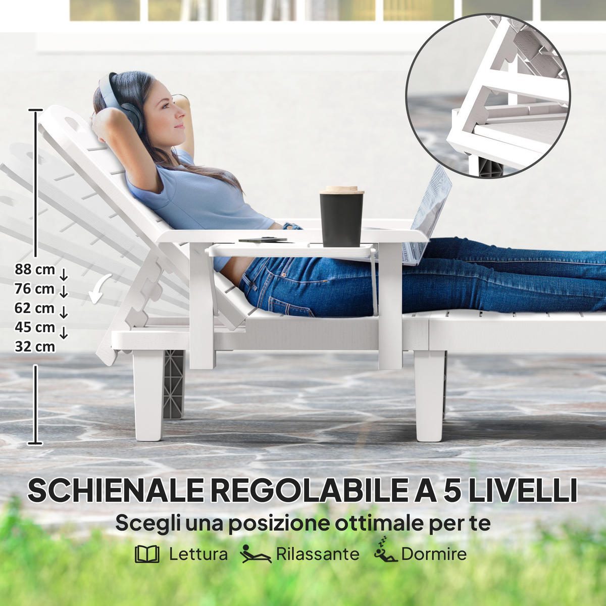SONNENLIEGE Set aus 2 verstellbaren Gartenliegen mit Couchtisch und Armlehnen aus Polypropylen 79 x 158 x 88 cm ,Weiß - Weiß, Kunststoff (79/88/158cm) - Vallsero