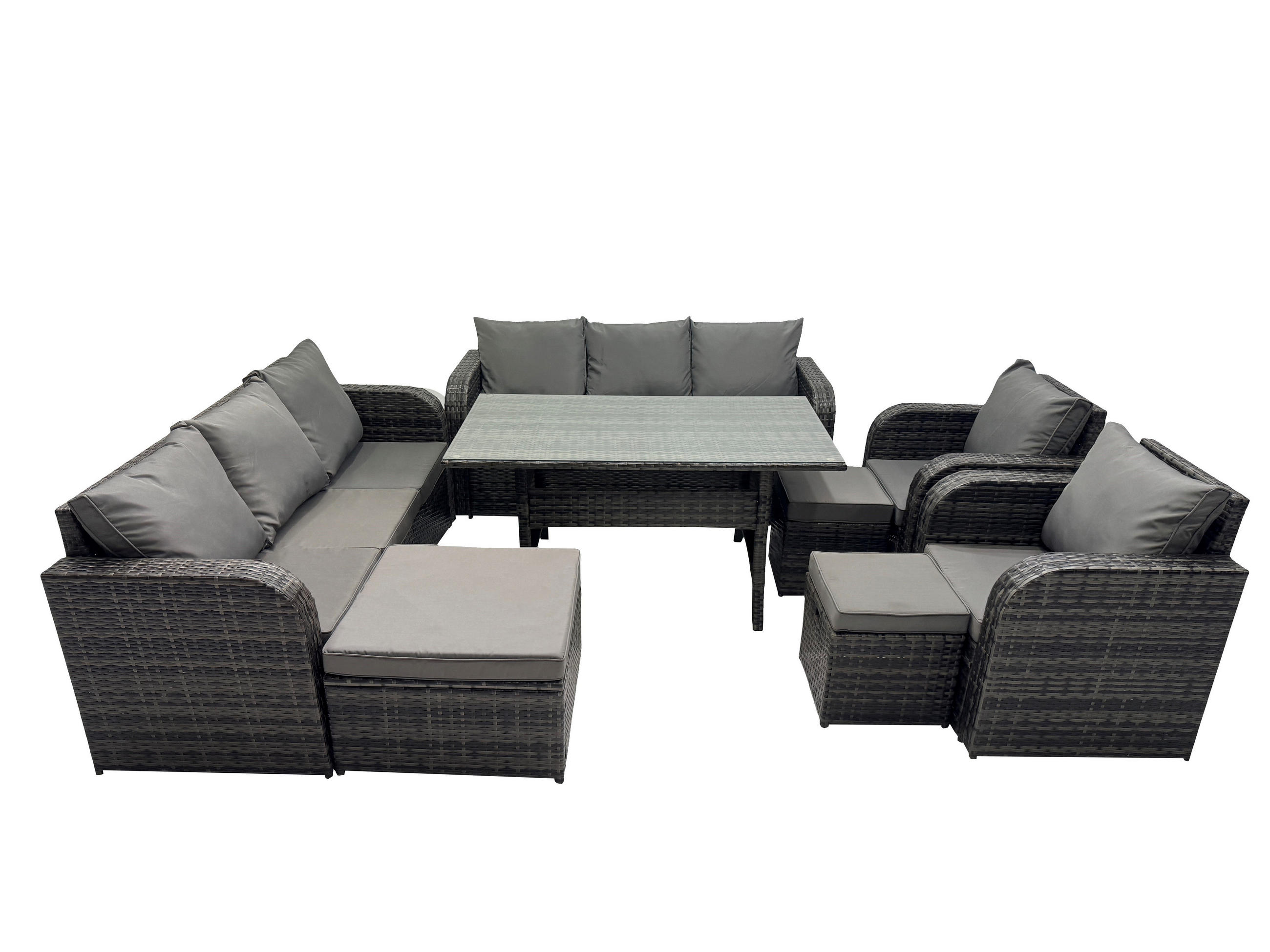 GARTENTISCHGRUPPE mit 3 Hockern Polyrattan Dunkelgrau 11-Sitzer - Dunkelgrau/Grau, Glas/Kunststoff - Fimous