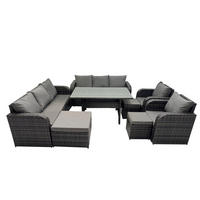 GARTENTISCHGRUPPE mit 3 Hockern Polyrattan Dunkelgrau 11-Sitzer - Dunkelgrau/Grau, Glas/Kunststoff - Fimous