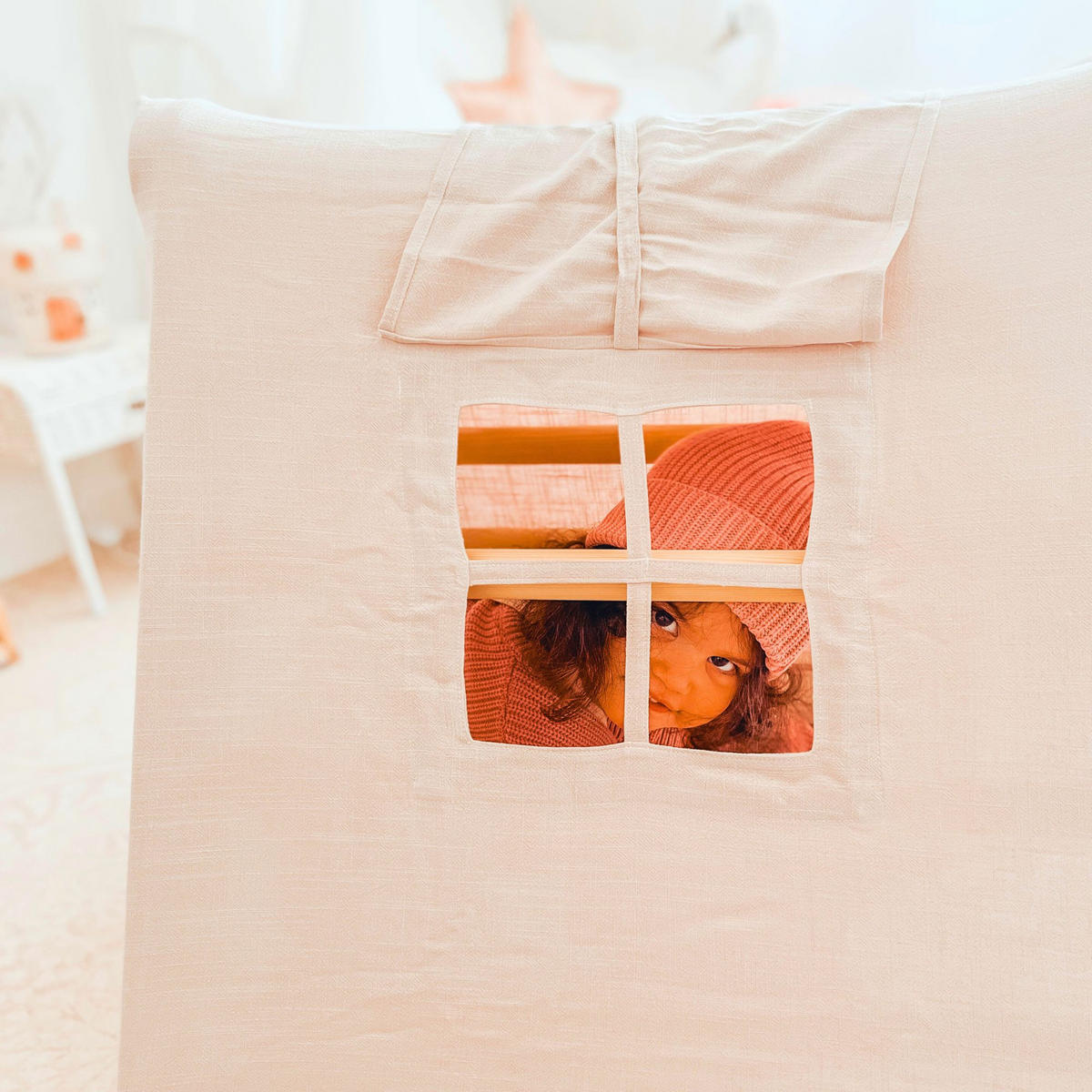 KLETTERDREIECK Haus für Kinder mit Rosa Dach, Zarter Stoff, Montessori, Grau - Rosa/Grau, Holz (59.5/59/60cm) - MeowBaby