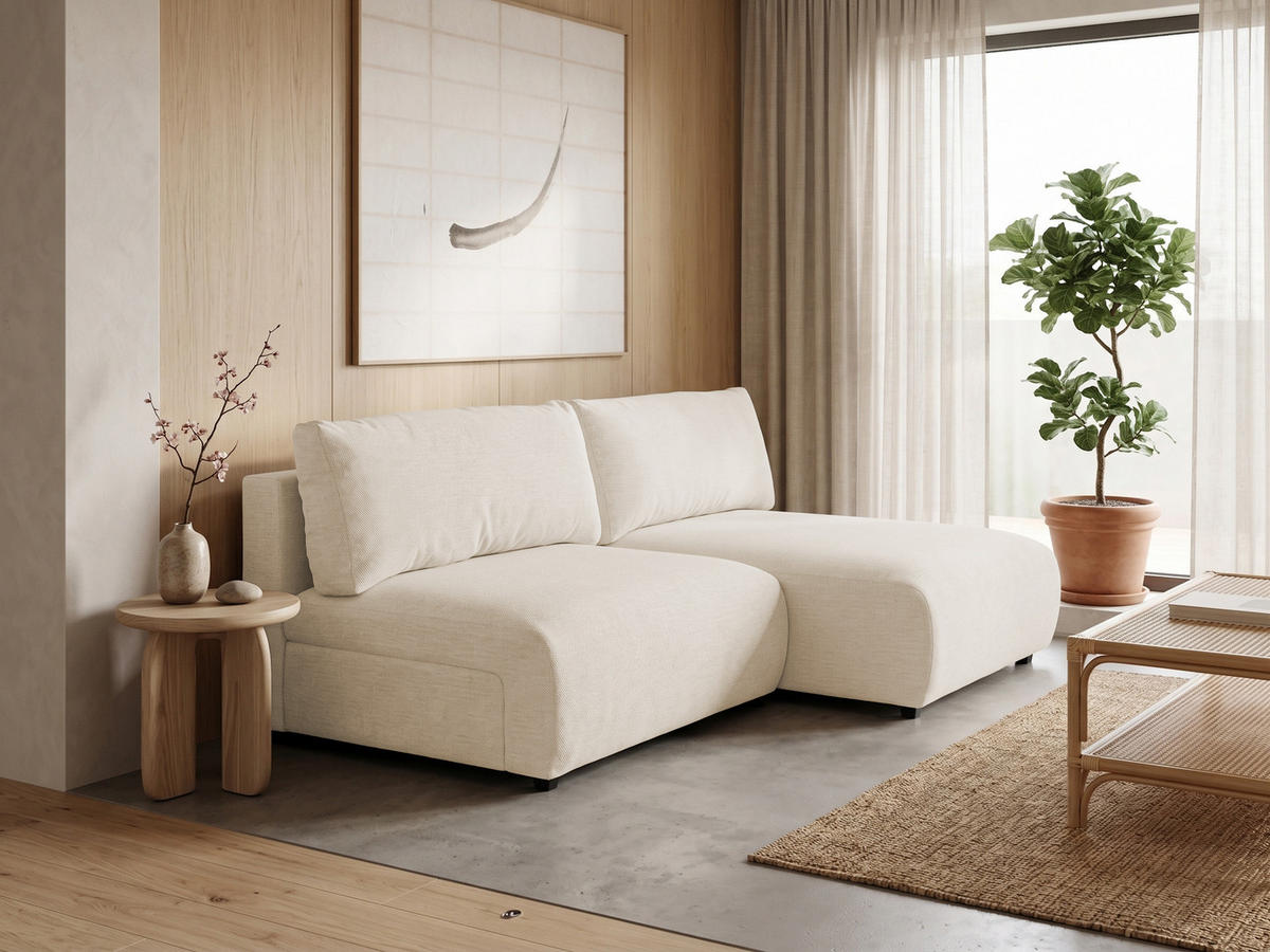 ECKSOFA Sora mit Schlaffunktion, Bettkasten und extra tiefer Komfortzone aus hochwertigem Hellbeige Strukturstoff - Beige/Schwarz, Holz/Kunststoff (200/140cm) - S-Style