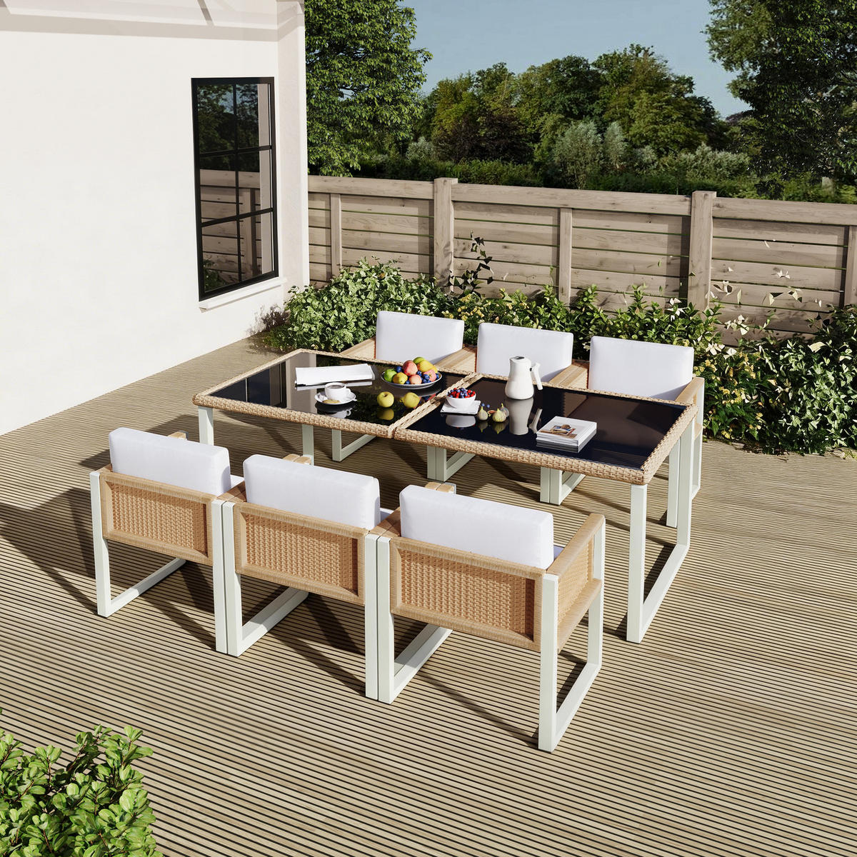 GARTENMÖBELSET Polyrattan 6 Personen Esstisch Stühle waschbar - Multicolor, Textil - FLIEKS