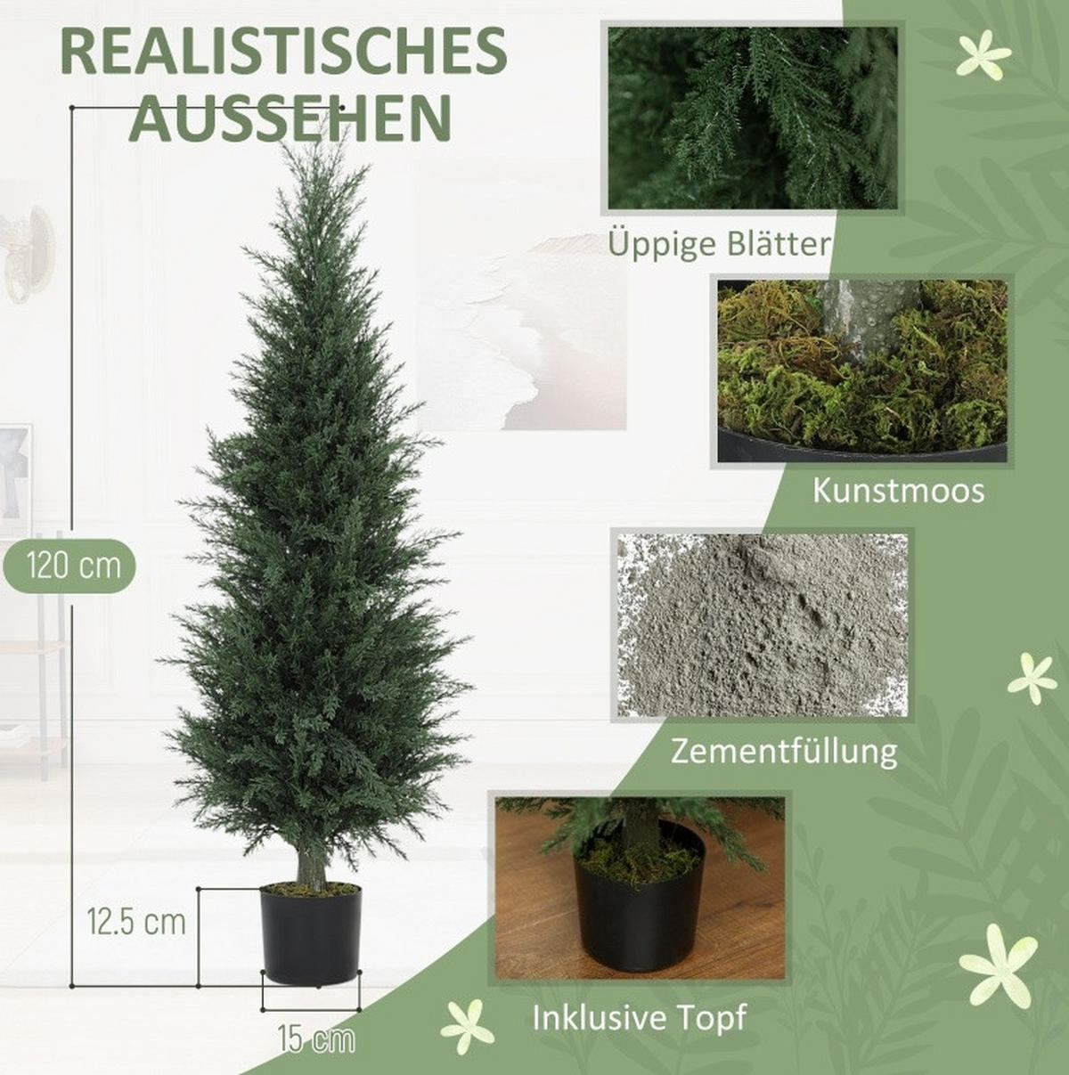 KUNSTPFLANZEN Zypresse 40/40/120 cm grün aus Kunststoff UV-beständig - Grün, Kunststoff (120cm) - OKWISH