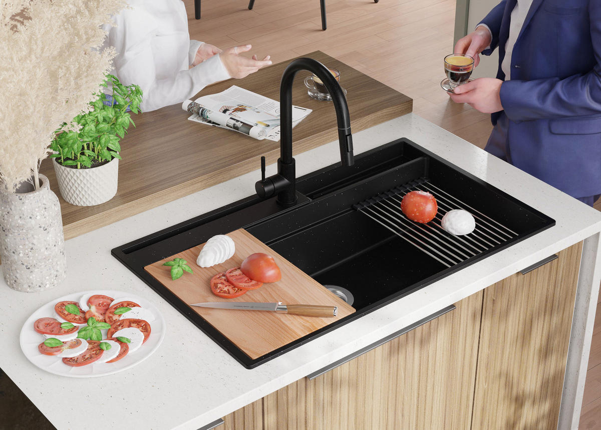 SPÜLBECKEN Oslo Pocket, 2-er set Schwarz Metallic 88/53 cm 1 Becken + Ablauf-Set + Küchenzubehörset ab 90er Unterschrank - Chromfarben/Schwarz Hochglanz, Kunststoff (88/20/53cm) - Primagran