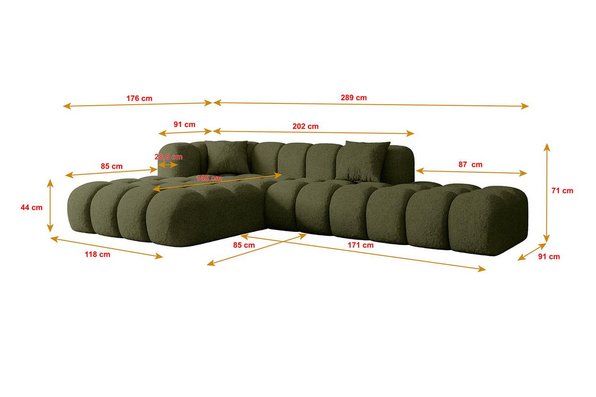 ECKSOFA Ottomane Links OLEA-L2 - 289x176x71 cm Grün Bouclé - Schwarz/Grün, Holzwerkstoff/Kunststoff (190/309cm) - ALTDECOR
