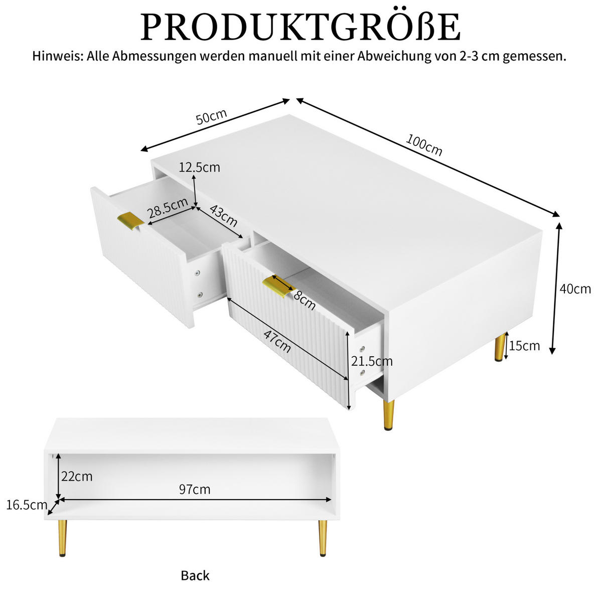 COUCHTISCH 100/50 cm mit 2 Schubladen und Ablageboden in Weiß/Gold - Weiß, Holzwerkstoff (100/50/40cm) - BEAOK