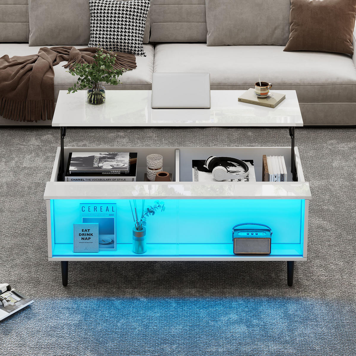 COUCHTISCH Weiß 105/50/43 cm mit Hebefunktion, Glasfront und LED-Beleuchtung - Weiß, Holzwerkstoff (50/105/43cm) - PANGIVO