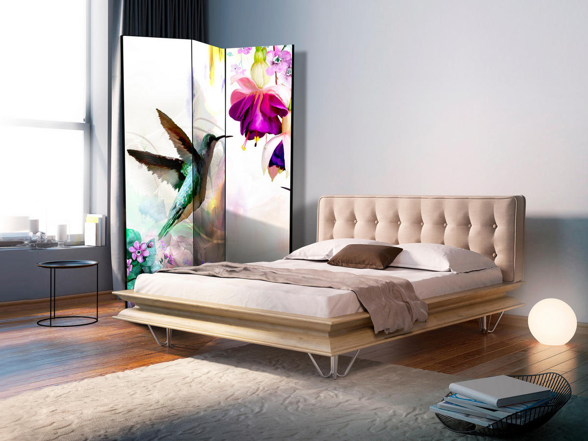 PARAVENT Akustik 3-tlg 135x172 cm Kolibri Blumen Natur - Multicolor, Holz/Textil (135/172/3cm) - Muralo
