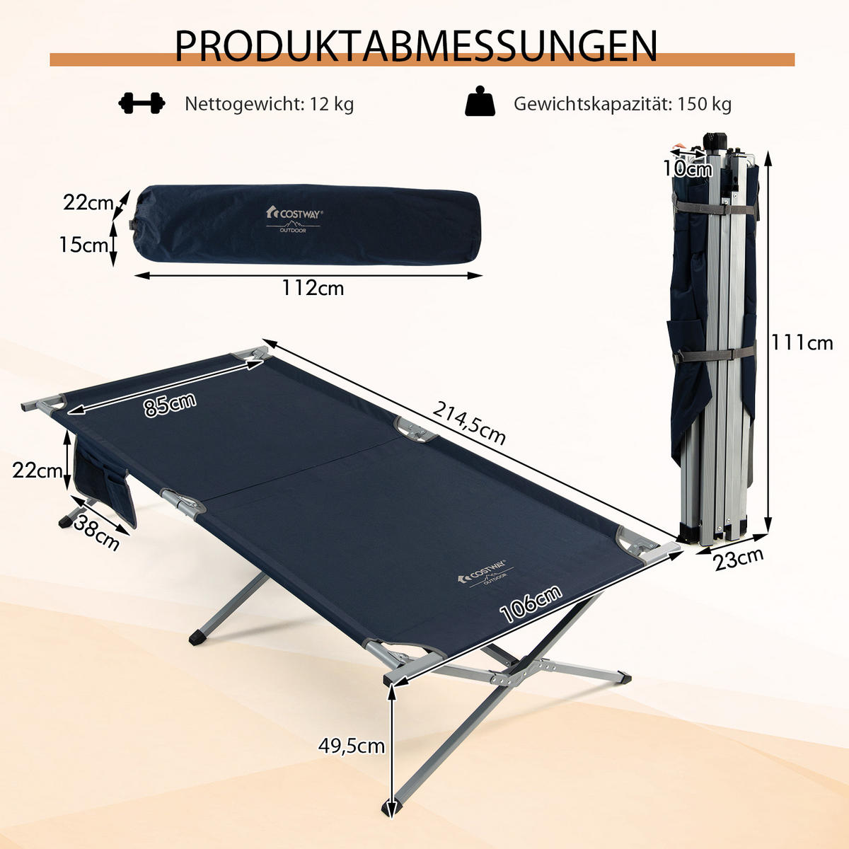CAMPINGLIEGE Klappbar Blau - Blau, Metall - COSTWAY