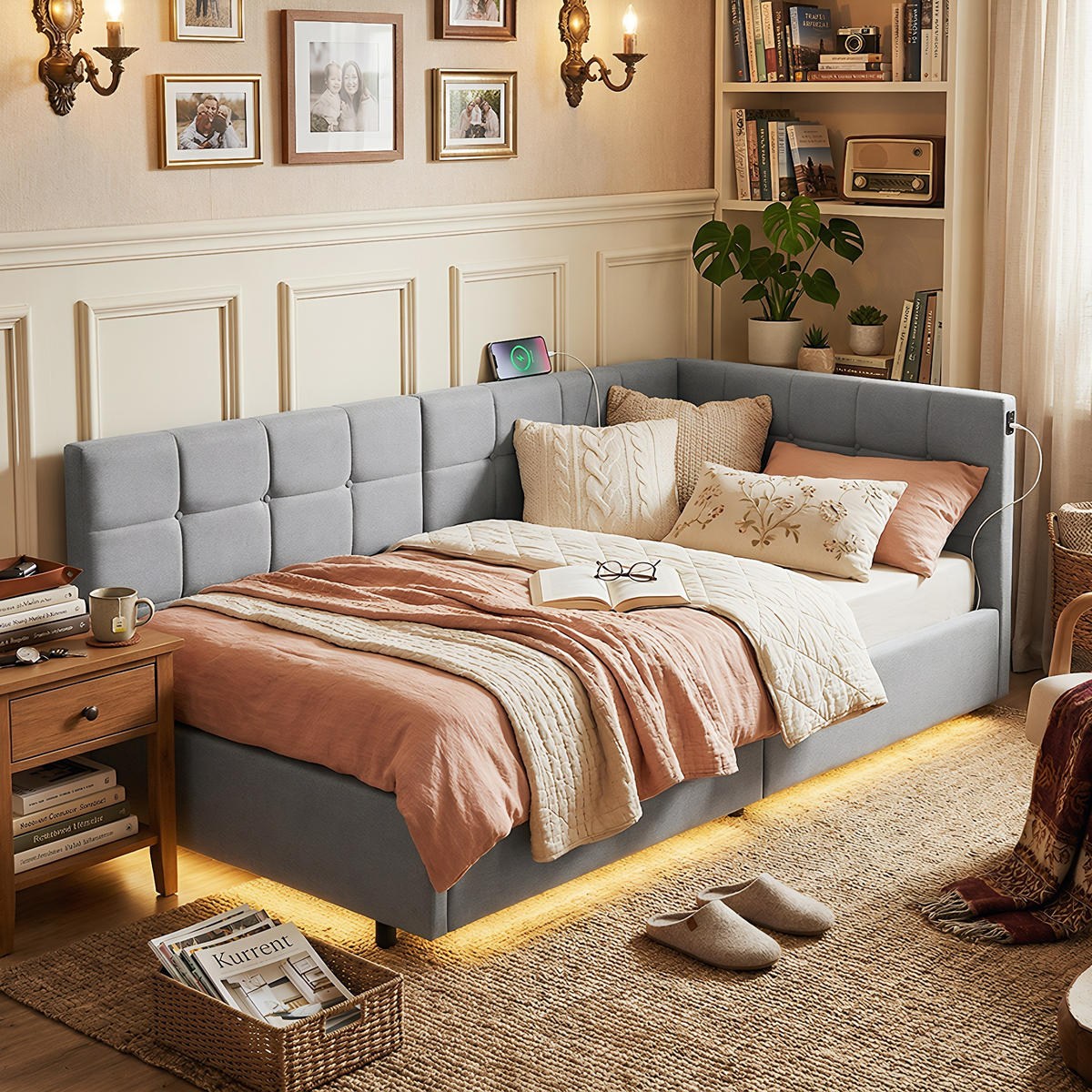 POLSTERBETT Modern 90/200 cm mit Bettkasten & LED-Schwebeeffekt Samtoptik Grau - Grau, Textil (90/200cm) - Creahappy