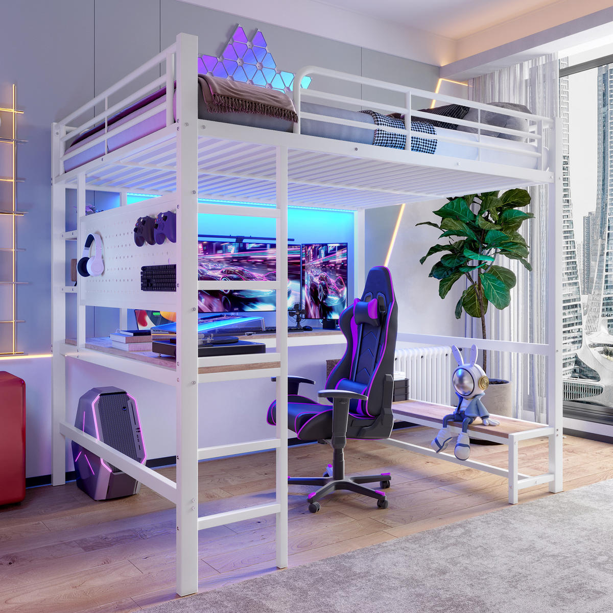 HOCHBETT 140/200 cm aus Metall mit Schreibtisch, LED-Leiste und USB-Typ-C-Anschluss Weiß - Weiß, Metall (140/200cm) - Modenvie