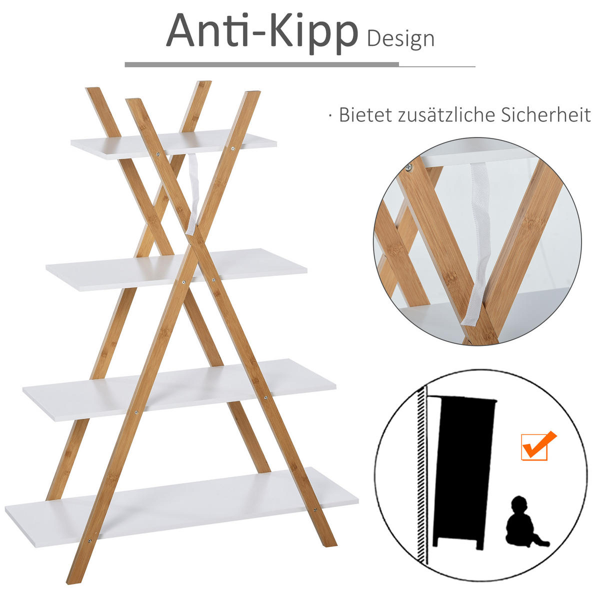 BADREGAL Standregal 4 Ebenen Treppenregal Leiterregal Badezimmer Bambus Weiß - Naturfarben, Holzwerkstoff (33/109/80cm) - Kleankin