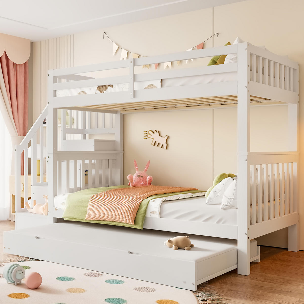 ETAGENBETT 90/200 cm in Weiß mit Treppenregal und ausziehbarem Rollbett - Weiß, Holzwerkstoff (90/200cm) - BEAOK