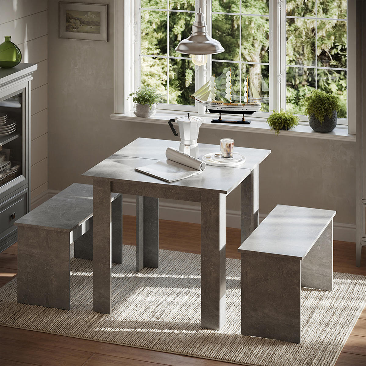 ESSTISCH SET Sentio Beton 80 x 80 cm mit 2 Bänken - Grau, Holzwerkstoff (80/73/80cm) - Vicco