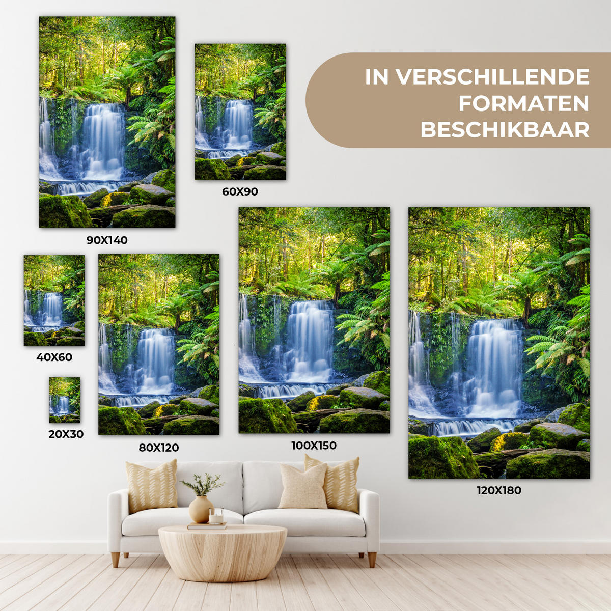 LEINWANDBILD Dschungel - Wasserfall - Australien - Pflanzen - Natur Wanddeko Schlafzimmer 60x90 cm - Dunkelgrün, Textil (60/90cm) - MuchoWow