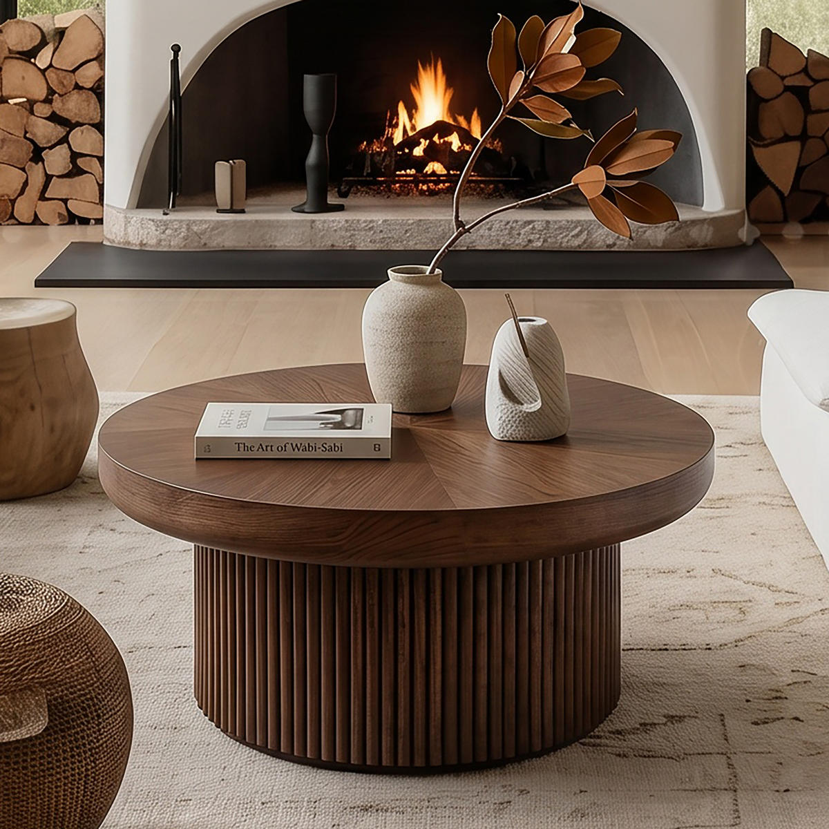 COUCHTISCH Runder Couchtisch 78cm Walnuss-Holzoptik mit geriffeltem Sockel Mid-Century - Braun, Holz (78/78/38.5cm) - Raelunyi