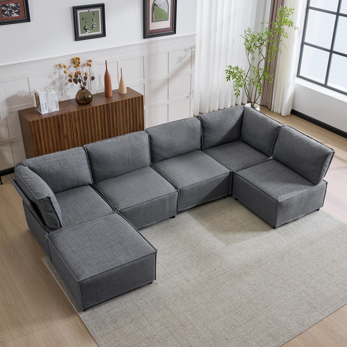 WOHNLANDSCHAFT Leinen Dunkelgrau - Dunkelgrau, Holzwerkstoff/Textil (308/77/152cm) - WISHDOR