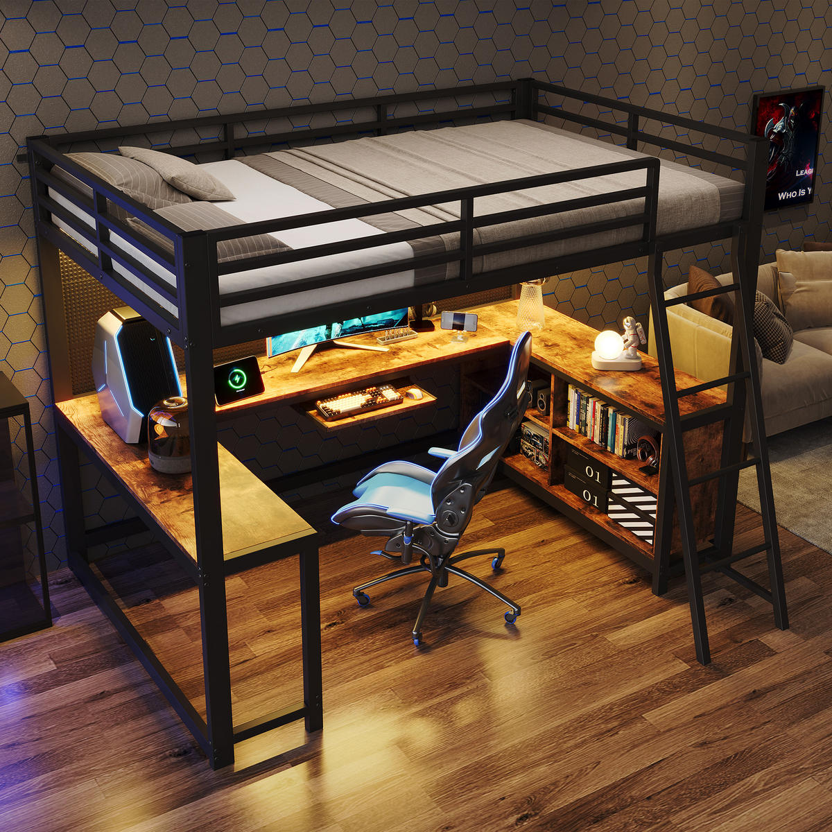 HOCHBETT 120/200 cm mit 3-seitigem Schreibtisch und LED, DE-41767, in Schwarz - Schwarz, Metall (120/200cm) - ComfortXL