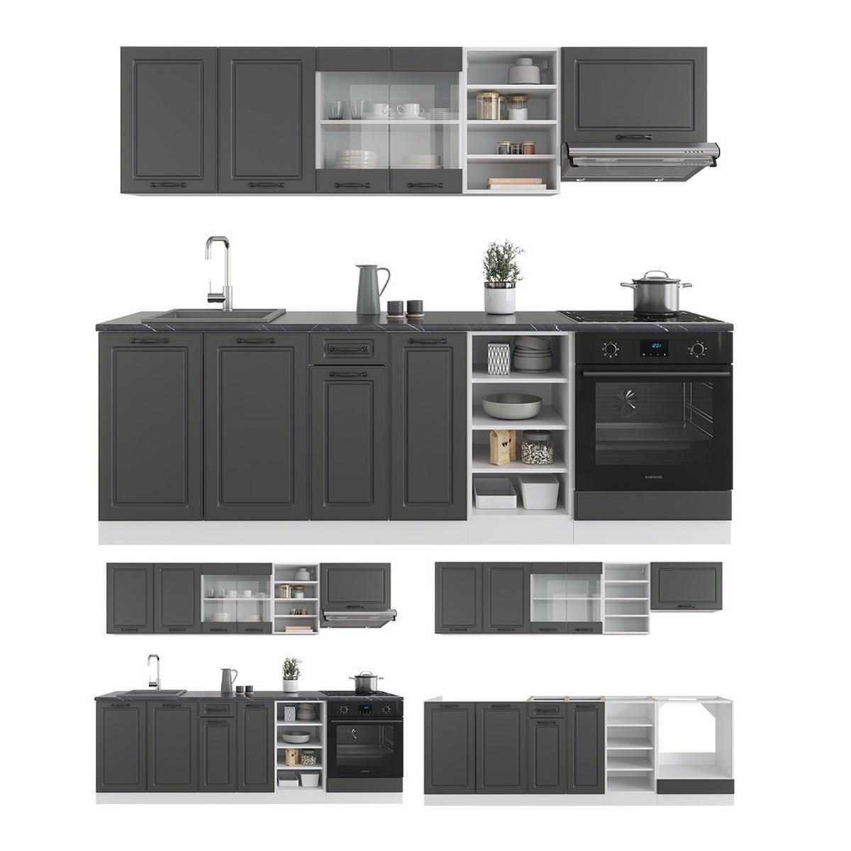 KÜCHENZEILE R-Line Anthrazit Landhaus/Weiß 240 cm ohne AP - Dunkelgrau/Weiß, Holzwerkstoff (240/81.6/46cm) - Vicco