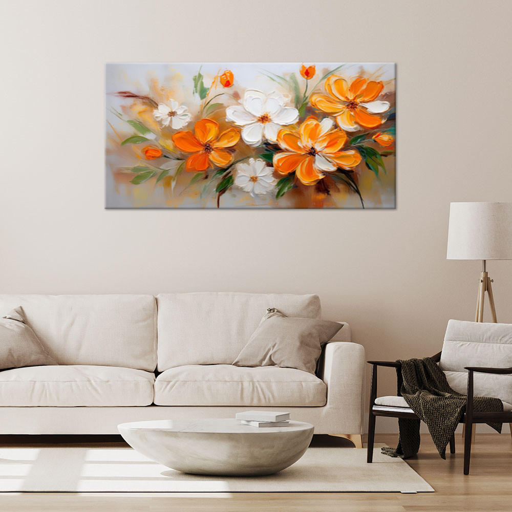 WANDBILD weiße und orangefarbene wildblumen - Orange, Textil (120/60cm) - Feeby