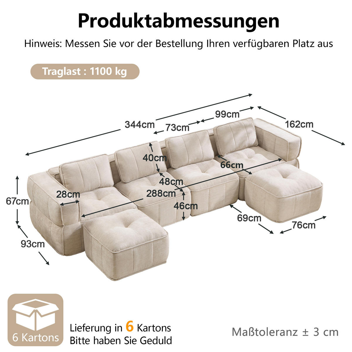 WOHNLANDSCHAFT DE-34428 4-Sitzer U-Form mit 2 Hockern Beige - Beige, Textil (162/67/344cm) - ComfortXL