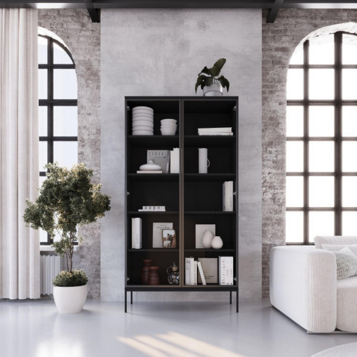 VITRINE Schwarz Industrial Mit Glastüren Auf Metallbeinen - Schwarz, Holzwerkstoff (100/190/41cm) - Sepro Meble