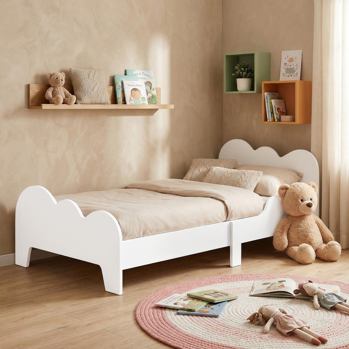 KINDERBETT 70x140 cm DE-14579 mit Sicherheitsbarriere & Wolken-Dekor Weiß - Weiß, Holzwerkstoff (70/140cm) - ComfortXL