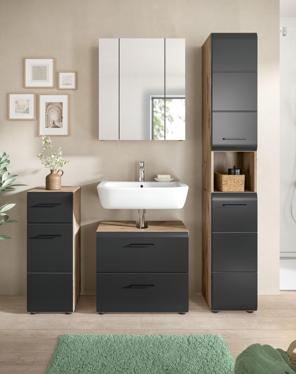 BADMÖBEL-SET 4-teilig Schwarz matt, Eiche Nox 150 x 185 cm, mit viel Stauraum und Vollauszug - Eichefarben/Schwarz, Glas/Holzwerkstoff (150/185/30cm) - Inn.Furn