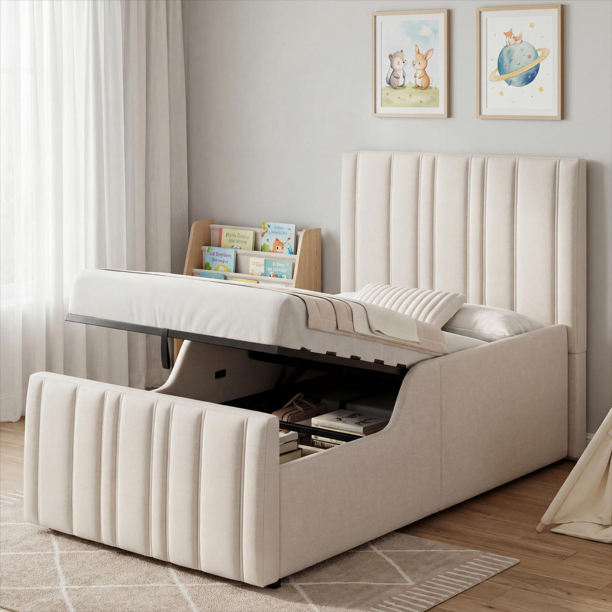 KINDERBETT Beige Leinen 90x200 Hydraulik Stauraum Lattenrost - Beige, Naturmaterialien (90/200cm) - FLIEKS