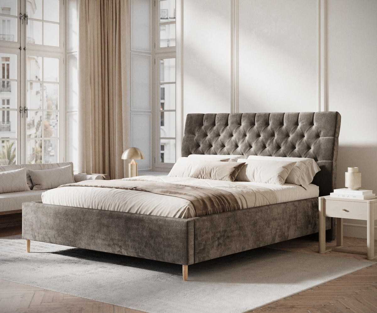 POLSTERBETT Vezzola Grau Braun 180/200 cm im Chenille-Stoff - Graubraun/Naturfarben, Holz/Holzwerkstoff (180/200cm) - Maison de Reve