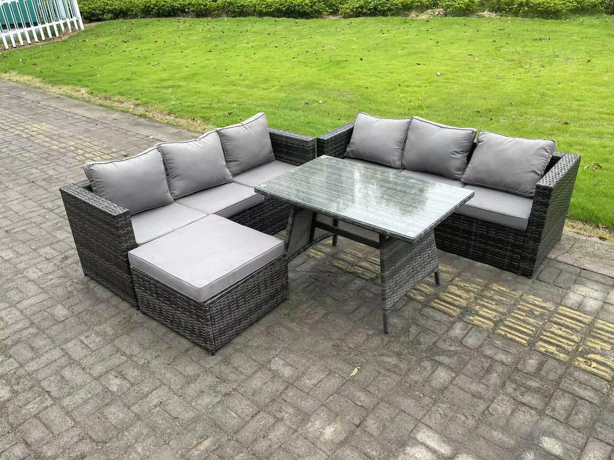 GARTENMÖBELSET mit Esstisch Hocker 7-Sitzer Grau - Dunkelgrau/Grau, Glas/Kunststoff - Fimous