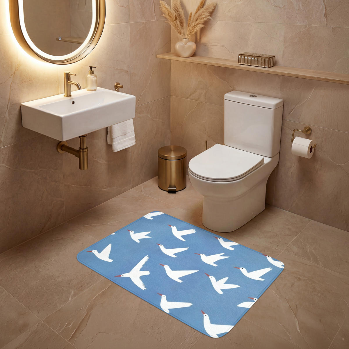 WC PŘEDLOŽKA Ptáci - bílá - vzor 90x60 cm - modrá, textil/plast (90/1cm) - OnlyWow