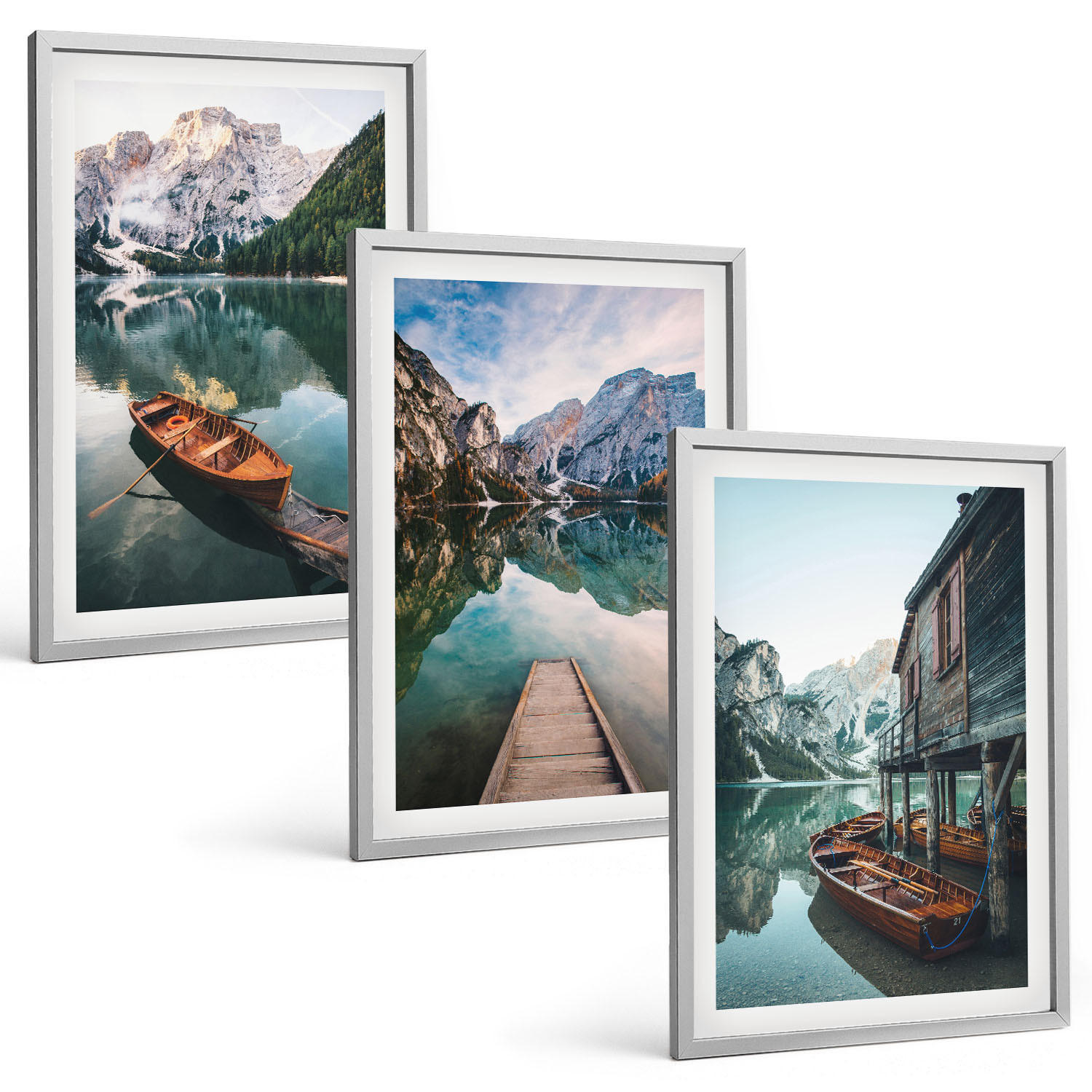 BILDER SET 3er Set - 40x60 cm Silberner Rahmen - See, Berge, Boote, Ferienhaus - Silberfarben, Kunststoff (40/60cm) - TULUP