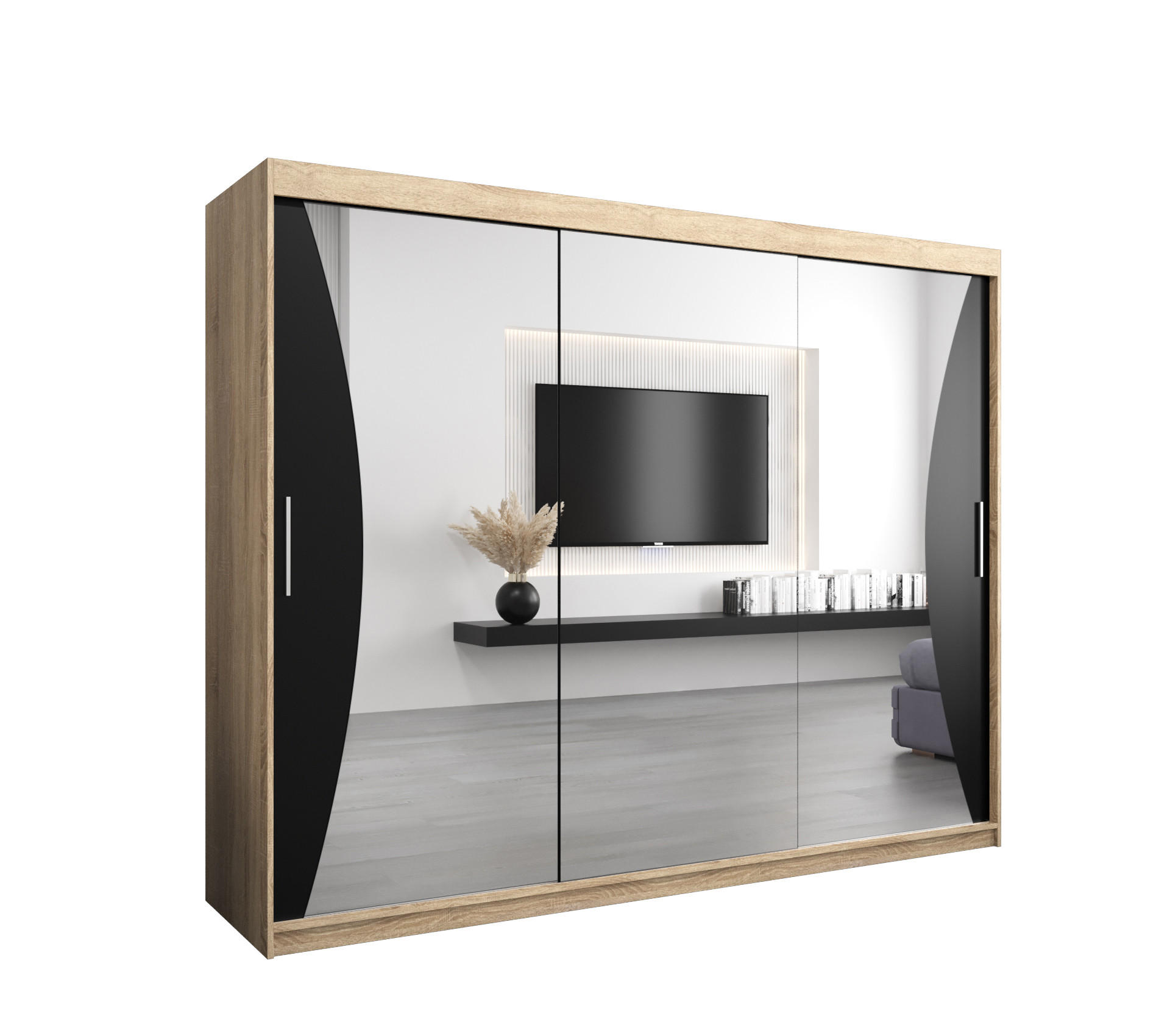 Abiks Möbel Schwebetürenschrank Sonoma Eiche, Schwarz 250x200x62 cm