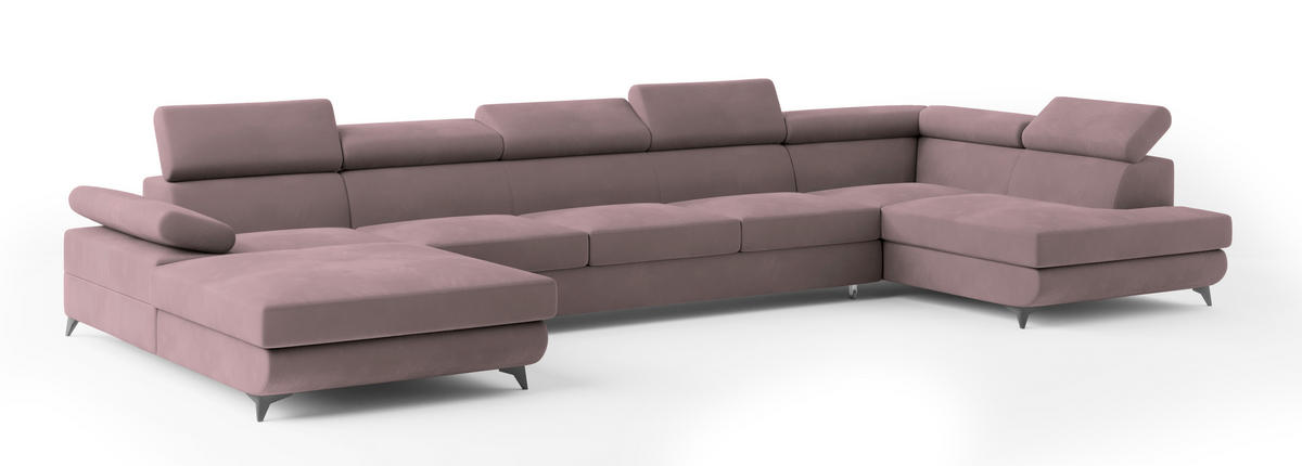 WOHNLANDSCHAFT MONTIVA Lila Velours-Stoff mit Schlaffunktion - Lila, Holz (410/89/190cm) - MASSENO