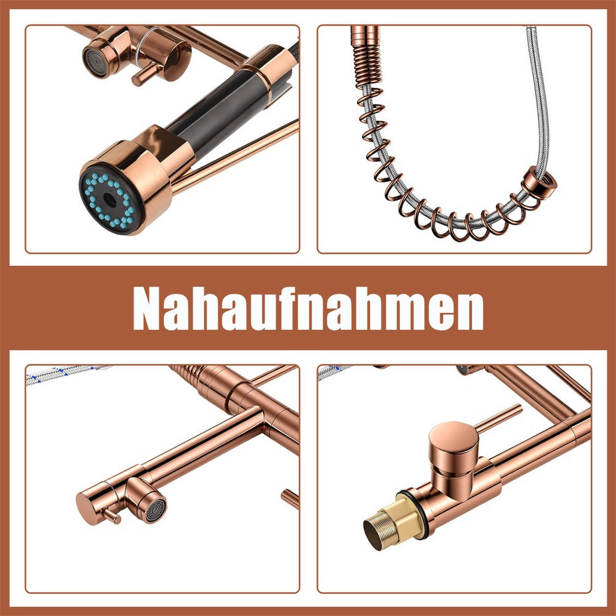 KÜCHENARMATUR ausziehbar mit Federführung 360° drehbar Spültischarmatur Mischbatterie - Roségold - Roségold, Metall (17.5/46/4.5cm) - DELFA