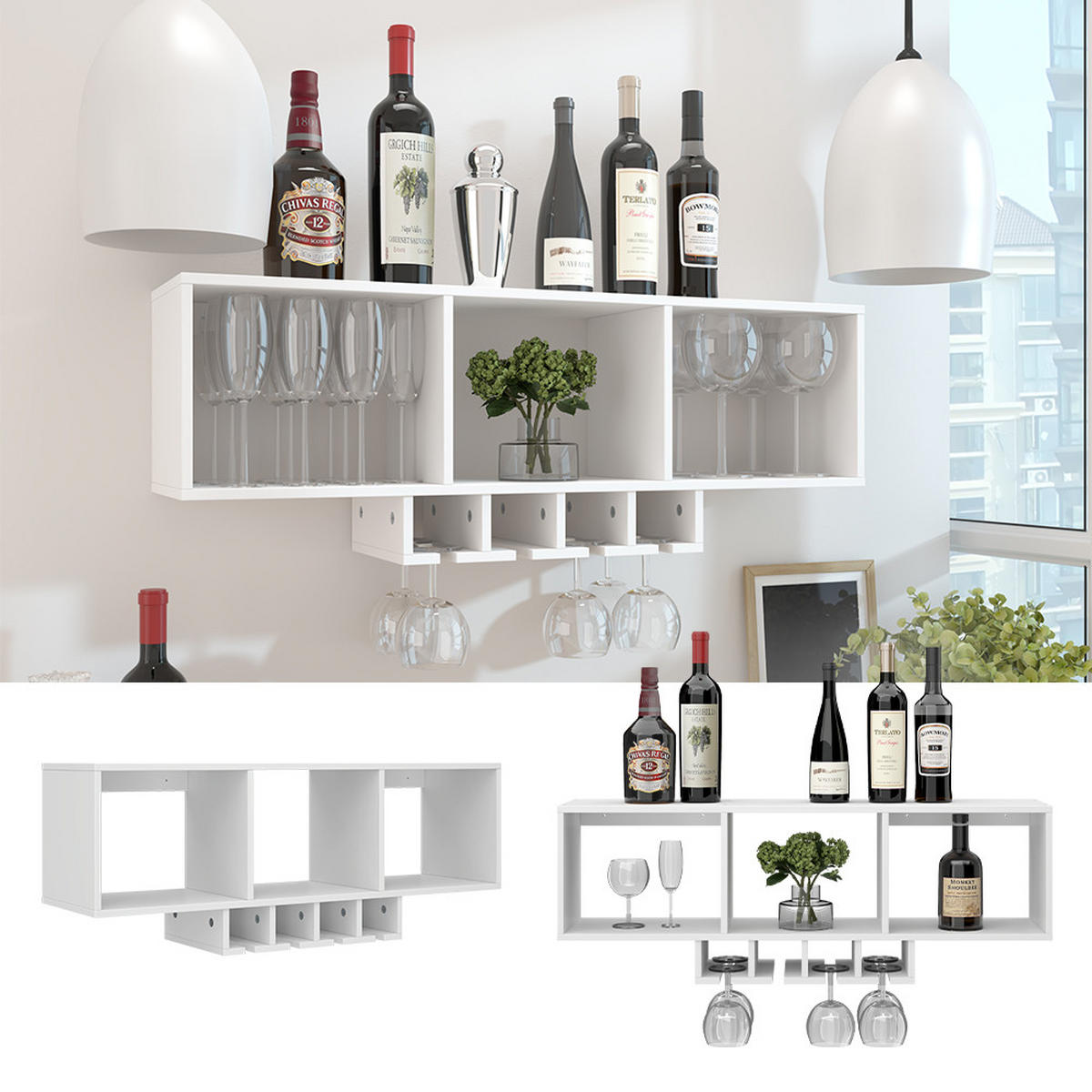 WEINGLASREGAL Vin Weiß mit Glashalter - Weiß, Holzwerkstoff (90/22/32.5cm) - Vicco