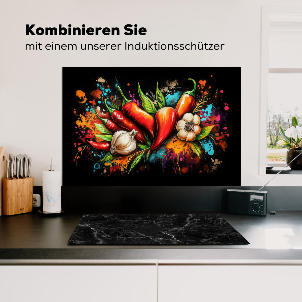 SPRITZSCHUTZ KÜCHE Gemüse - Paprika - Knoblauch - Graffiti - Farbe - Bunt 90x60 cm - Rot, Metall (90/0.3/60cm) - MuchoWow