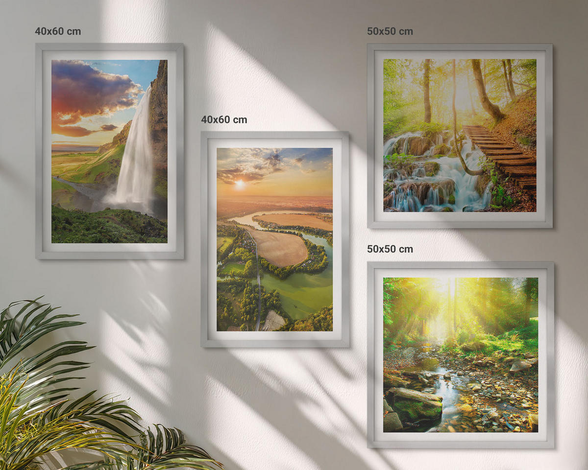 BILDER SET 4er Set - 50x50 cm & 40x60 cm Silberner Rahmen - Orange Mountain Wasserfall - Silberfarben, Kunststoff (50/50cm) - TULUP