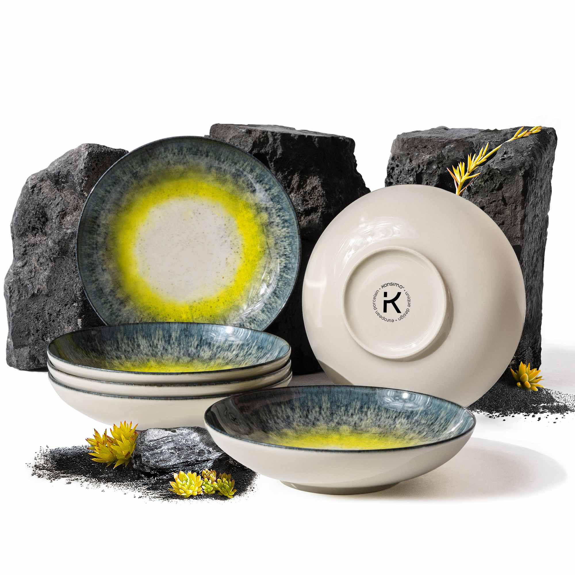 TELLER-SET LORENT 6-tlg Suppenteller Hartporzellan - Gelb/Dunkelblau, Keramik (22/4/22cm) - KONSIMO®