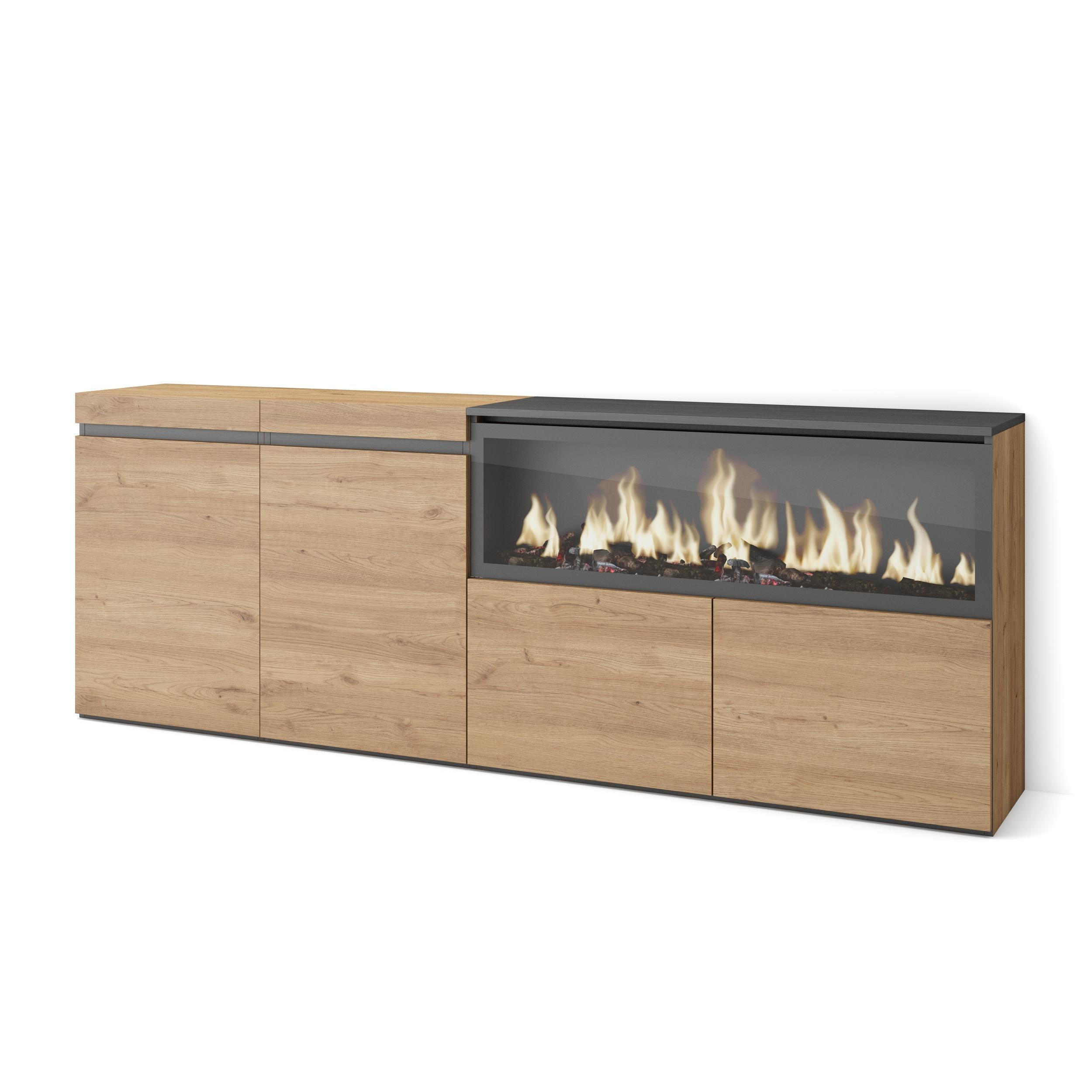 SIDEBOARD Highboard, Elektrokamin XXL, eiche, 208/35/75cm - Eichefarben/Schwarz, Holzwerkstoff (208/75/35cm) - Skraut Home