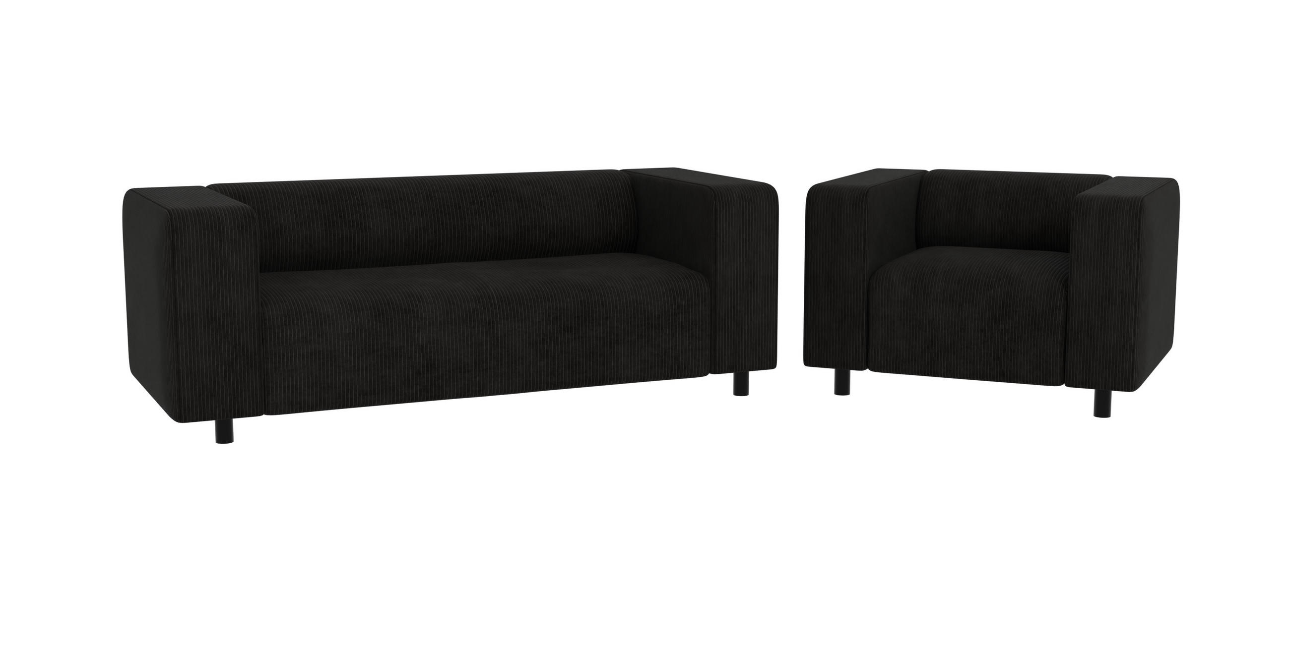 SITZGARNITUR 2+1 Tove Schwarz Cord - Schwarz, Holz/Kunststoff (151/65/80cm) - S-Style Möbel