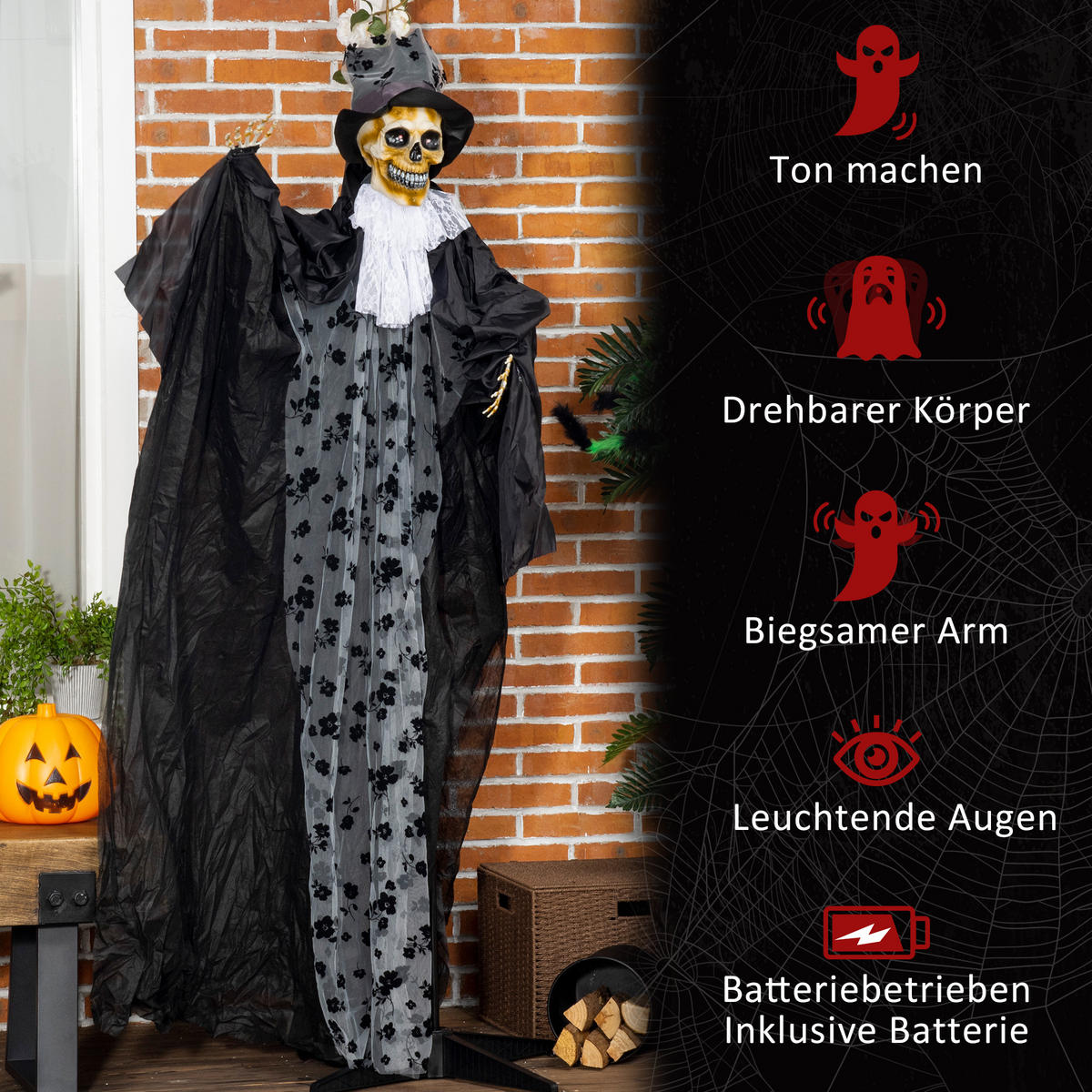 183CM Halloween-Dekoration Gespenst Bräutigam In Lebensgröße Augenglühen - Schwarz, Kunststoff (65/189/125cm) - Outsunny