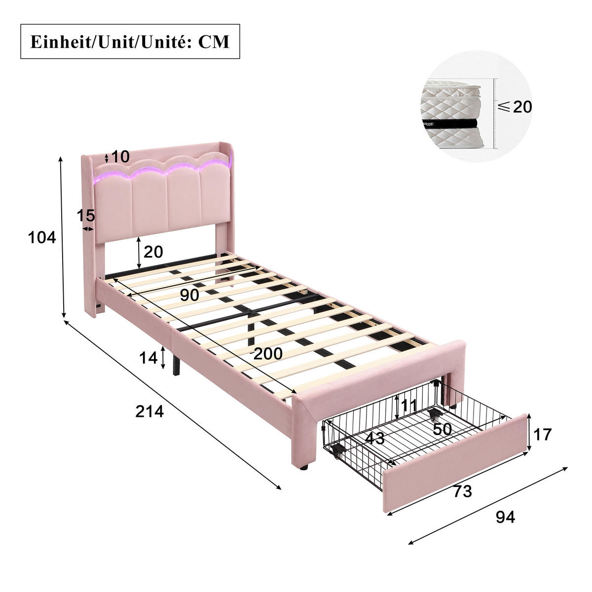 POLSTERBETT 90/200 cm mit LED und Schublade, DE-41732, in Rosa - Pink, Holzwerkstoff (90/200cm) - ComfortXL