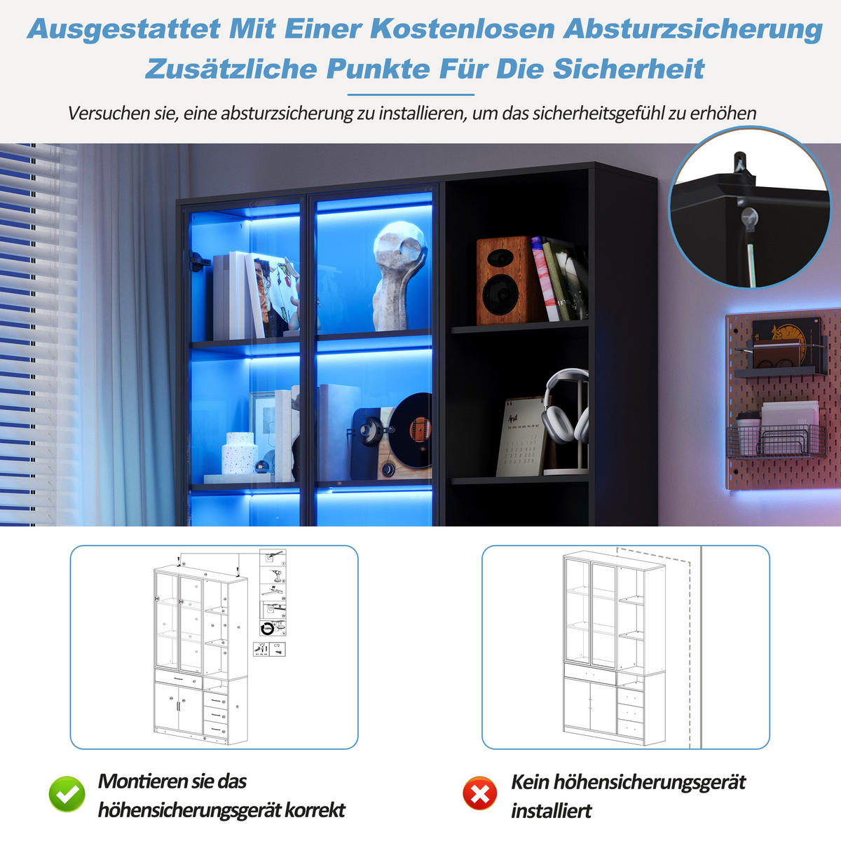 VITRINE in Schwarz Hochschrank mit Glasvitrine, Schubladen und LED, 120/35/200cm, für Esszimmer und Wohnzimmer - Transparent/Schwarz, Glas/Holzwerkstoff (120/200/35cm) - STILVORA